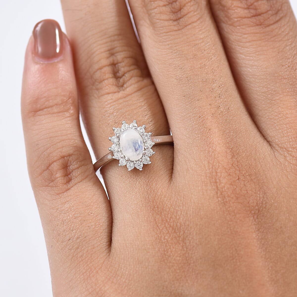 D'Joy Rainbow Moonstone and White Zircon 1.60 ctw Ring in Rhodium Over Sterling Silver (Size 7.0) image number 2
