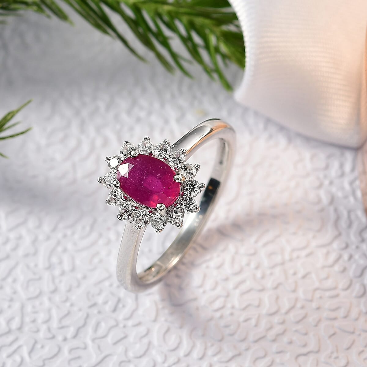 D'Joy Niassa Ruby (FF) and White Zircon 1.65 ctw Ring in Rhodium Over Sterling Silver (Size 7.0) image number 1