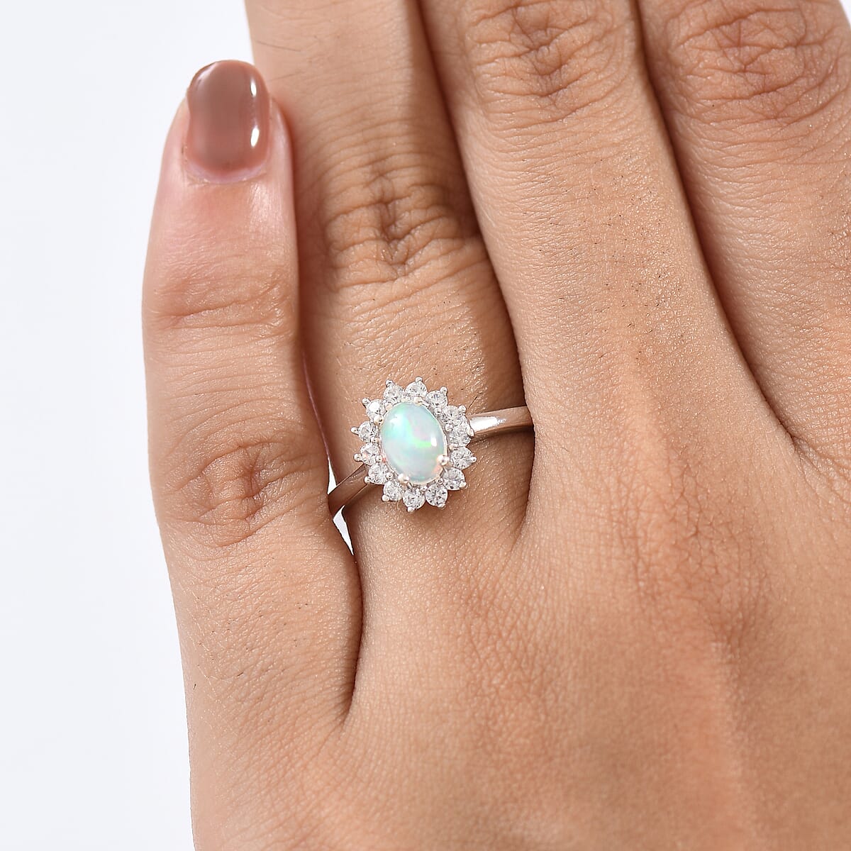 D'Joy Ethiopian Welo Opal and White Zircon 0.90 ctw Ring in Rhodium Over Sterling Silver (Size 7.0) image number 1