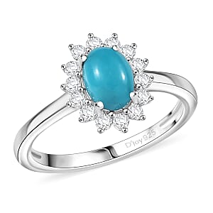 D'Joy Sleeping Beauty Turquoise and White Zircon 1.25 ctw Ring in Rhodium Over Sterling Silver (Size 7.0)