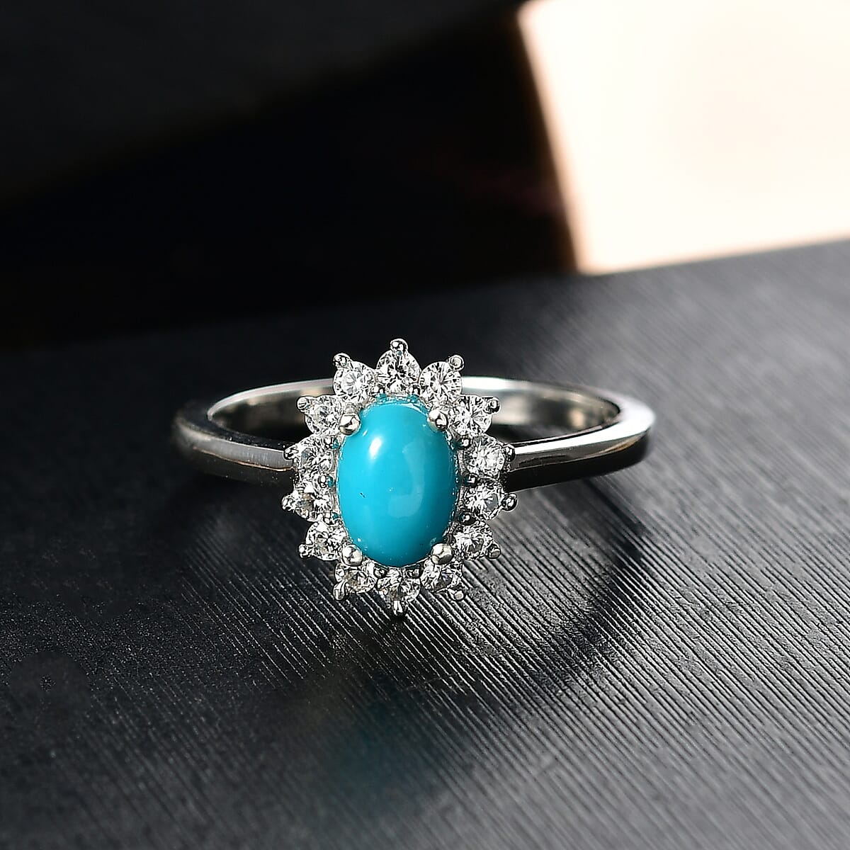 D'Joy Sleeping Beauty Turquoise and White Zircon 1.25 ctw Ring in Rhodium Over Sterling Silver (Size 7.0) image number 1