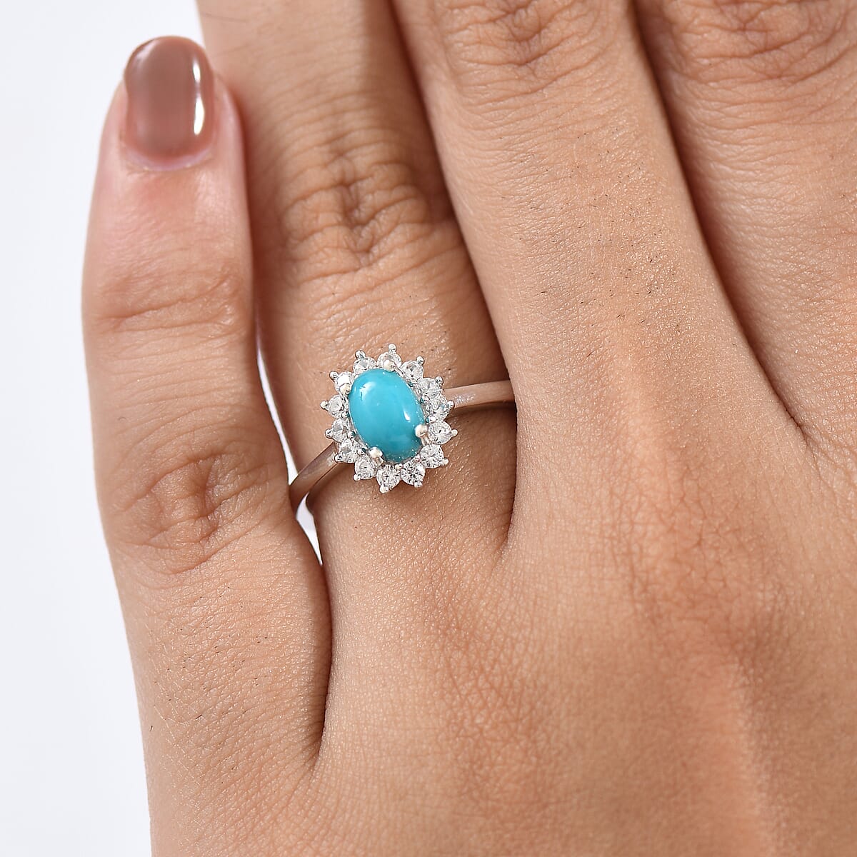 D'Joy Sleeping Beauty Turquoise and White Zircon 1.25 ctw Ring in Rhodium Over Sterling Silver (Size 7.0) image number 2
