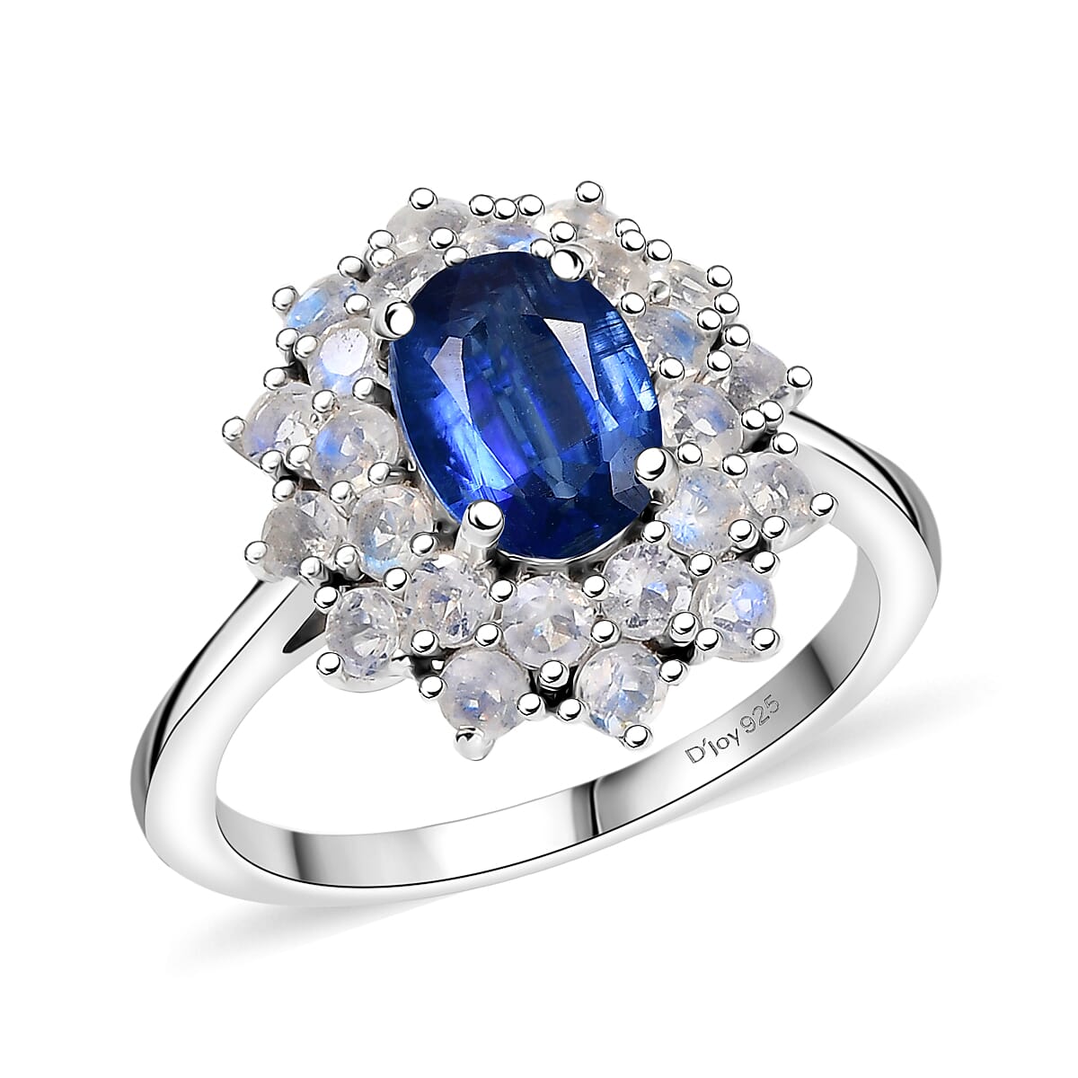 D'Joy Premim Kashmir Kyanite and Rainbow Moonstone 2.80 ctw Moonlit Halo Ring in Rhodium Over Sterling Silver (Size 10.0) image number 0