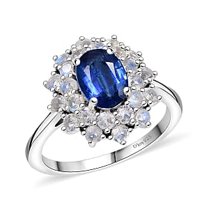 D'Joy Premim Kashmir Kyanite and Rainbow Moonstone 2.80 ctw Moonlit Halo Ring in Rhodium Over Sterling Silver (Size 10.0)