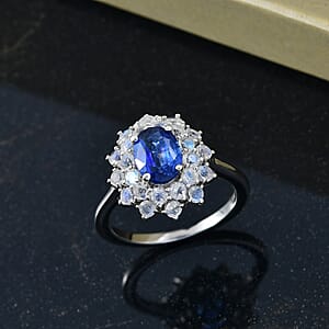 D'Joy Premim Kashmir Kyanite and Rainbow Moonstone 2.80 ctw Moonlit Halo Ring in Rhodium Over Sterling Silver (Size 10.0)