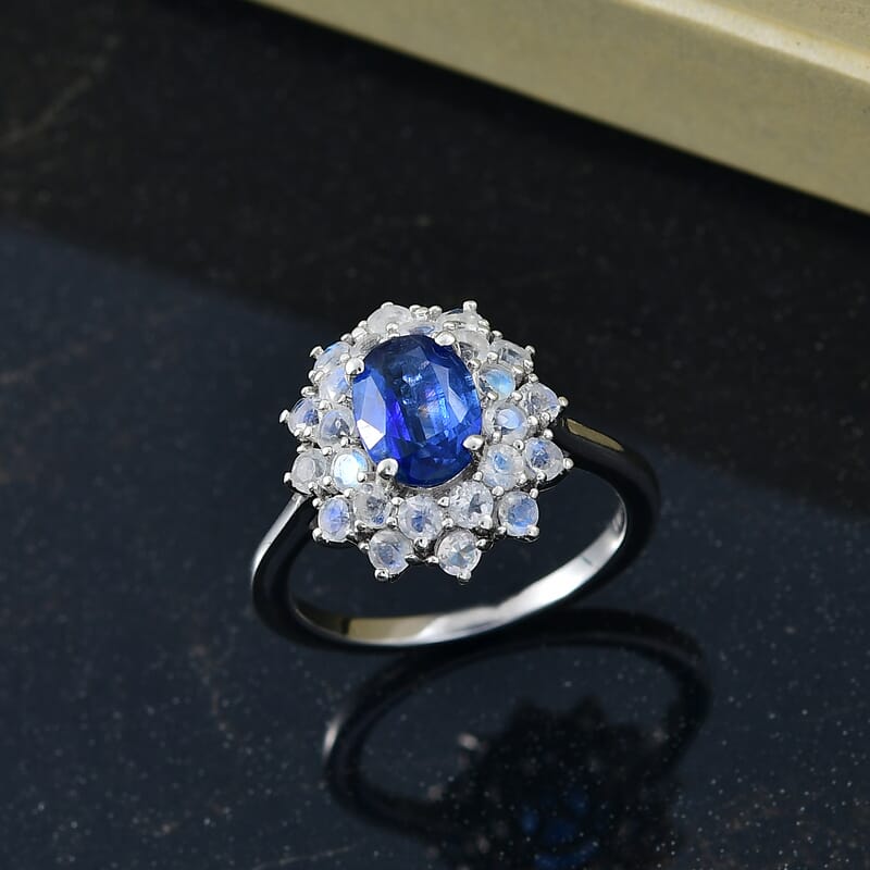 D'Joy Premim Kashmir Kyanite and Rainbow Moonstone 2.80 ctw Moonlit Halo Ring in Rhodium Over Sterling Silver (Size 10.0)