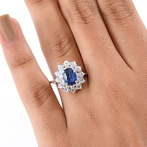 D'Joy Premim Kashmir Kyanite and Rainbow Moonstone 2.80 ctw Moonlit Halo Ring in Rhodium Over Sterling Silver (Size 10.0)