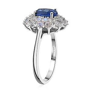 D'Joy Premim Kashmir Kyanite and Rainbow Moonstone 2.80 ctw Moonlit Halo Ring in Rhodium Over Sterling Silver (Size 10.0)