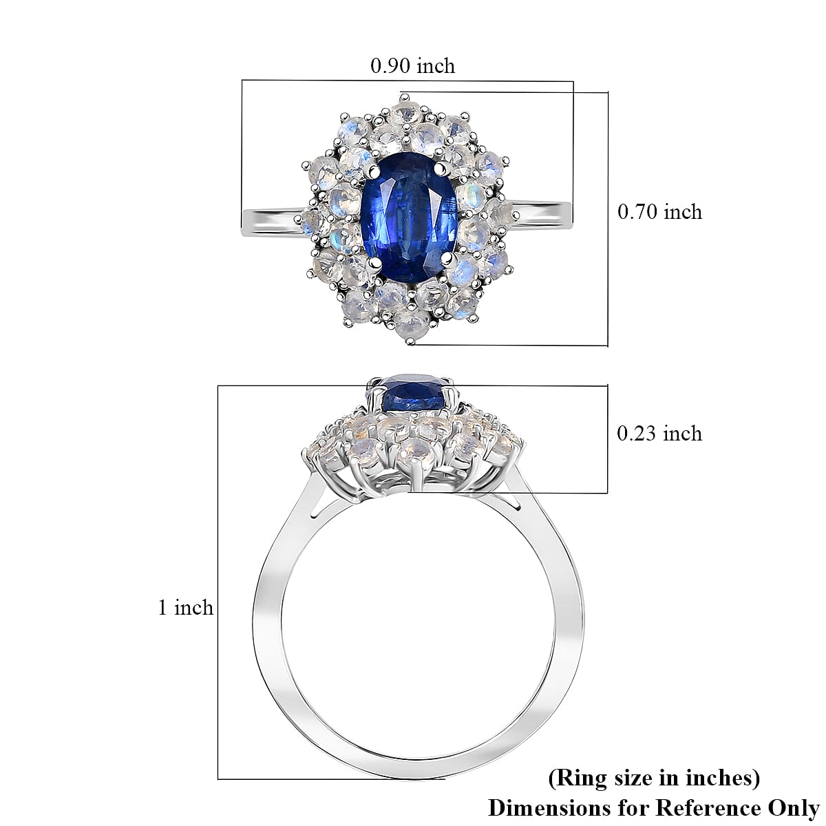 D'Joy Premim Kashmir Kyanite and Rainbow Moonstone 2.80 ctw Moonlit Halo Ring in Rhodium Over Sterling Silver (Size 10.0) image number 5