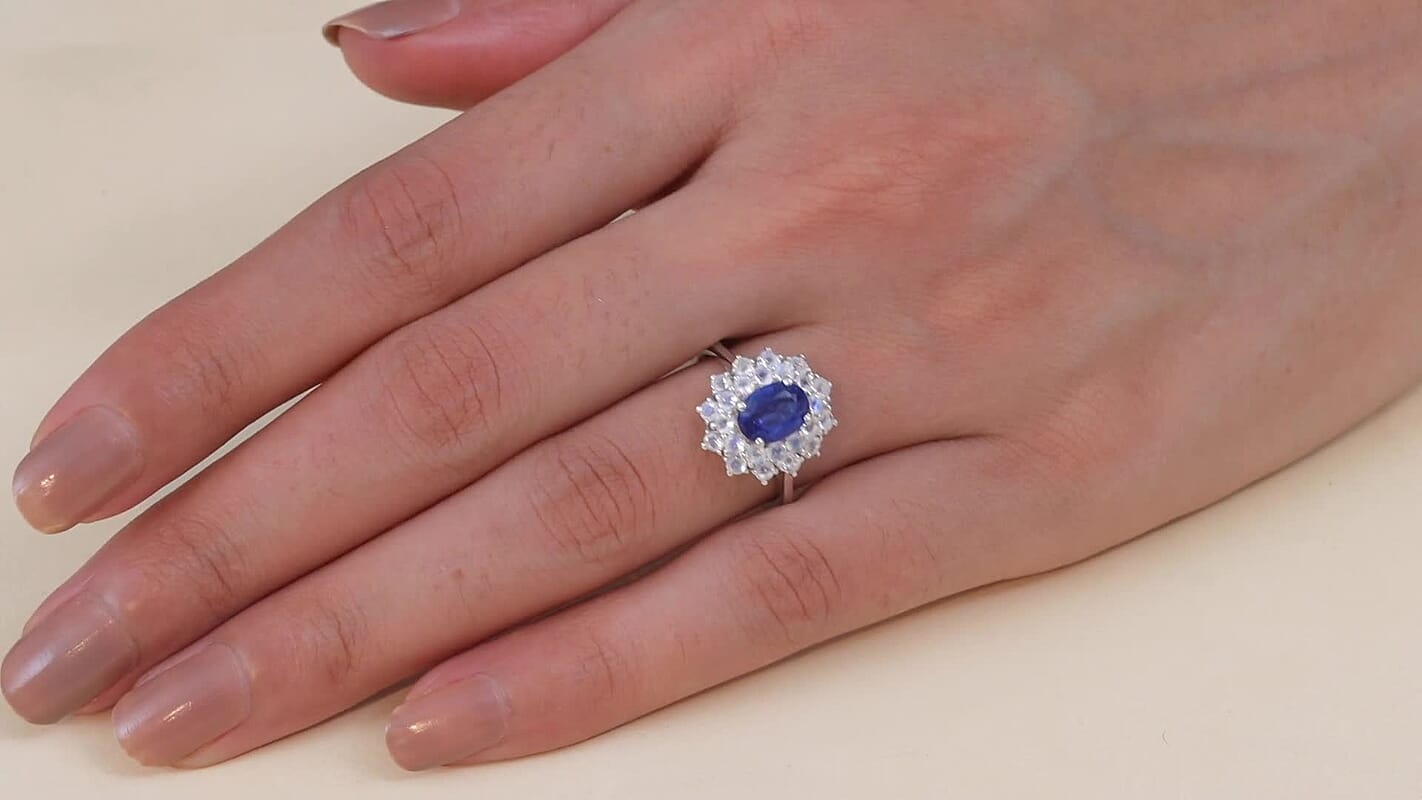 D'Joy Premim Kashmir Kyanite and Rainbow Moonstone 2.80 ctw Ring in Rhodium Over Sterling Silver (Size 10.0)