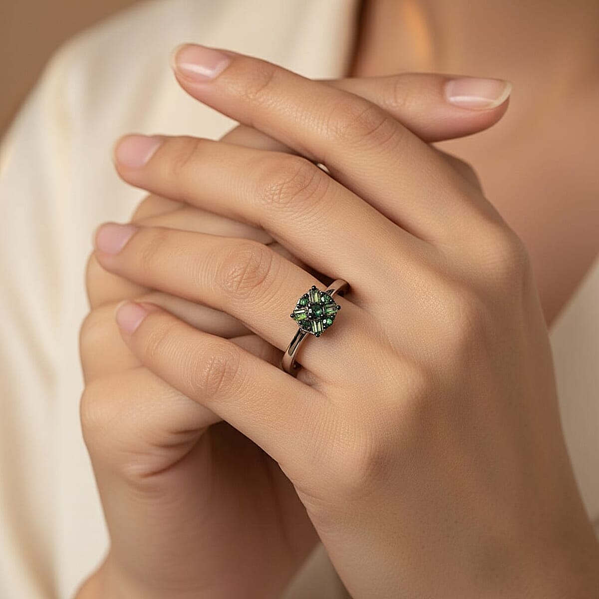 Doorbuster D'Joy Green Diamond 0.15 ctw Ring in Rhodium Over Sterling Silver (Size 9.0) image number 1