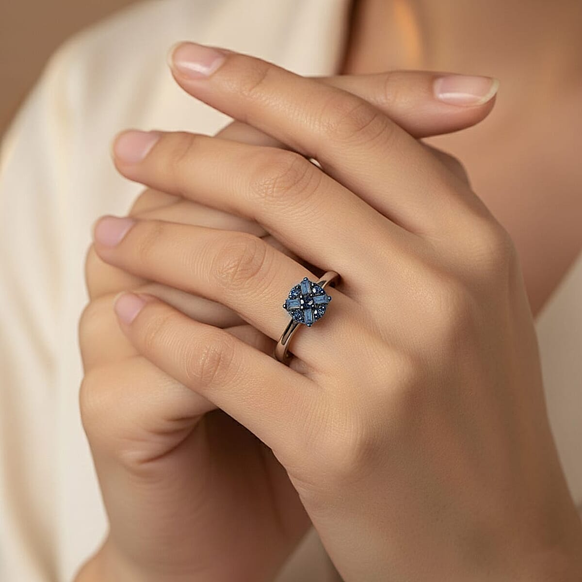 Doorbuster D'Joy Blue Diamond 0.15 ctw Ring in Rhodium Over Sterling Silver (Size 9.0) image number 1