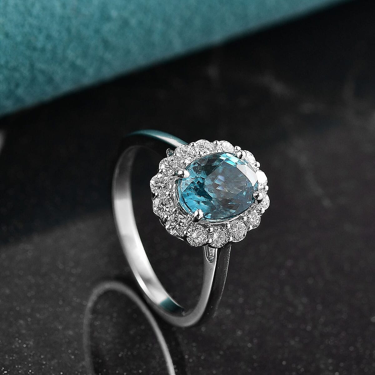 Certified and Appraised AAA Cambodian Blue Zircon, Lab Grown Diamond Ring in 10K White Gold 3.00 ctw (Size 10.5) image number 1