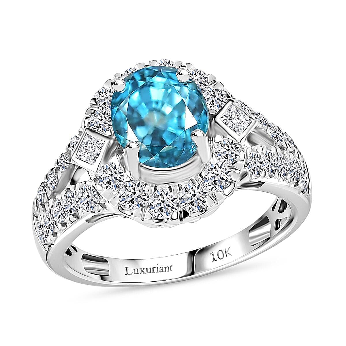 AAA Cambodian Blue Zircon and Luxuriant Lab Grown Diamond G-H SI 4.85 ctw Ring in 10K White Gold (Size 10.0) image number 0