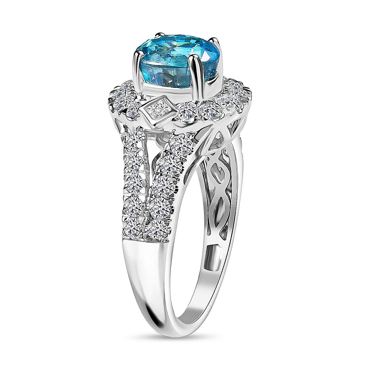 AAA Cambodian Blue Zircon and Luxuriant Lab Grown Diamond G-H SI 4.85 ctw Ring in 10K White Gold (Size 10.0) image number 3