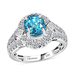 AAA Cambodian Blue Zircon, Lab Grown Diamond Ring in 10K White Gold 4.85 ctw (Size 5.0)