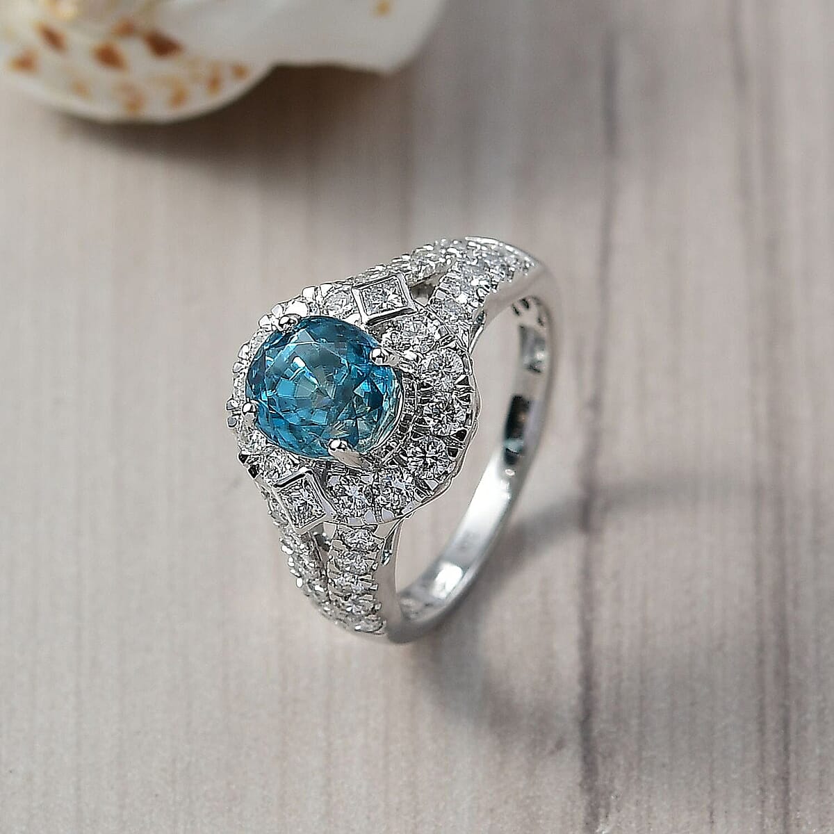 AAA Cambodian Blue Zircon, Lab Grown Diamond Ring in 10K White Gold 4.85 ctw (Size 6.5) image number 1