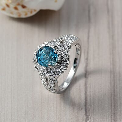 AAA Cambodian Blue Zircon and Luxuriant Lab Grown Diamond G-H SI 4.85 ctw Ring in 10K White Gold (Size 8.0)