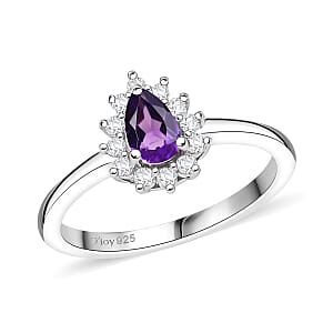 D'Joy African Amethyst and White Zircon 0.65 ctw Ring in Rhodium Over Sterling Silver (Size 5.0)
