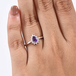 D'Joy African Amethyst and White Zircon 0.65 ctw Ring in Rhodium Over Sterling Silver (Size 7.0)