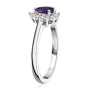 D'Joy African Amethyst and White Zircon 0.65 ctw Ring in Rhodium Over Sterling Silver (Size 7.0)