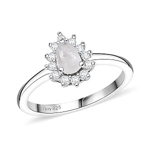 D'Joy Rainbow Moonstone and White Zircon 0.85 ctw Ring in Rhodium Over Sterling Silver (Size 5.0)