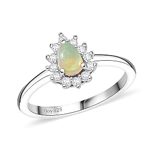 D'Joy Ethiopian Welo Opal and White Zircon 0.60 ctw Ring in Rhodium Over Sterling Silver (Size 5.0)