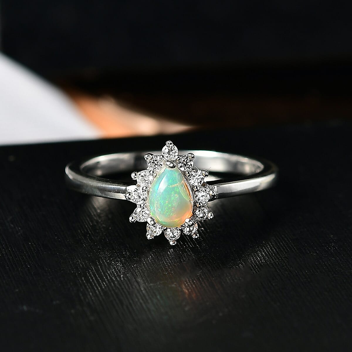 D'Joy Ethiopian Welo Opal and White Zircon 0.60 ctw Ring in Rhodium Over Sterling Silver (Size 5.0) image number 1