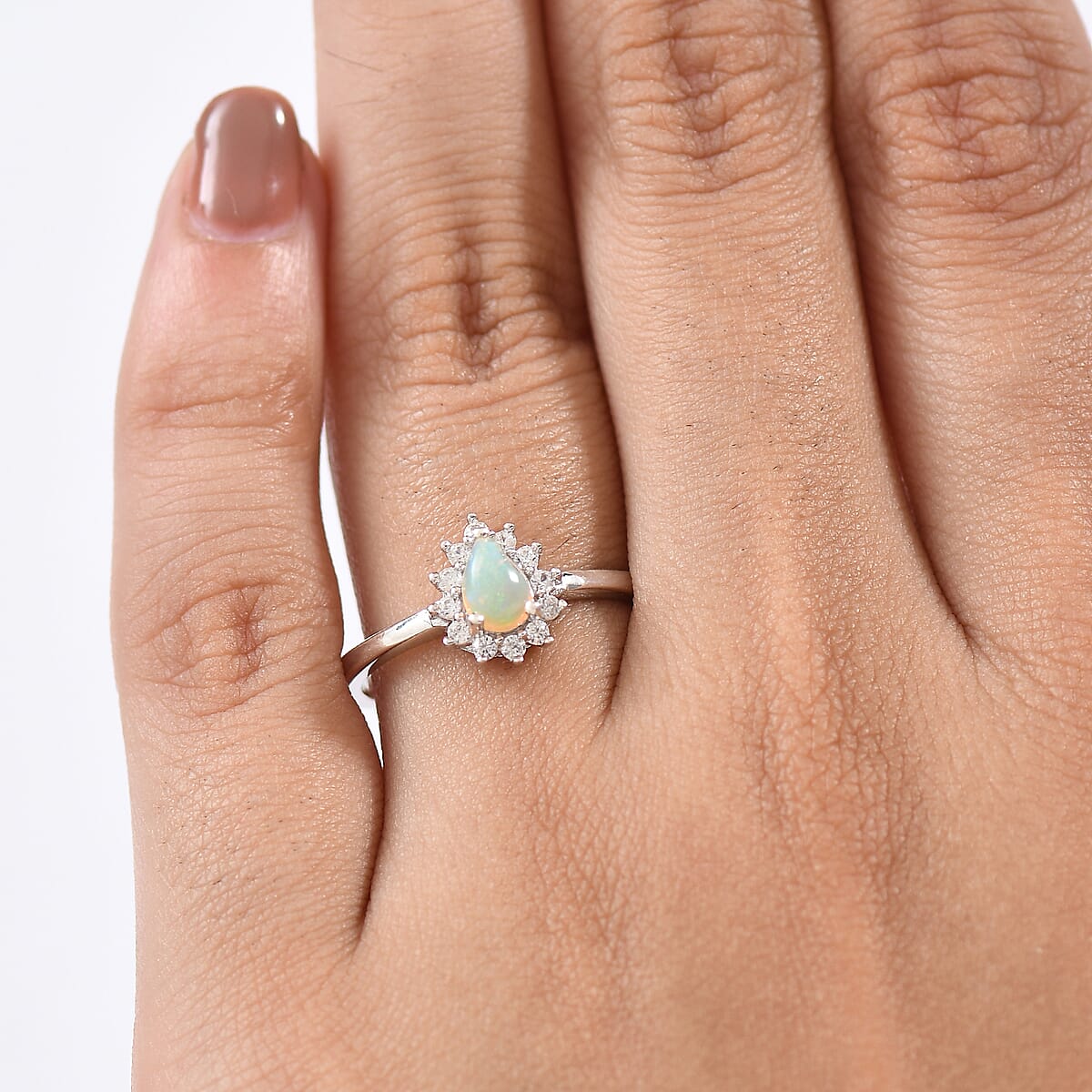 D'Joy Ethiopian Welo Opal and White Zircon 0.60 ctw Ring in Rhodium Over Sterling Silver (Size 5.0) image number 2