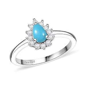 D'Joy Sleeping Beauty Turquoise and White Zircon 0.65 ctw Ring in Rhodium Over Sterling Silver (Size 5.0)