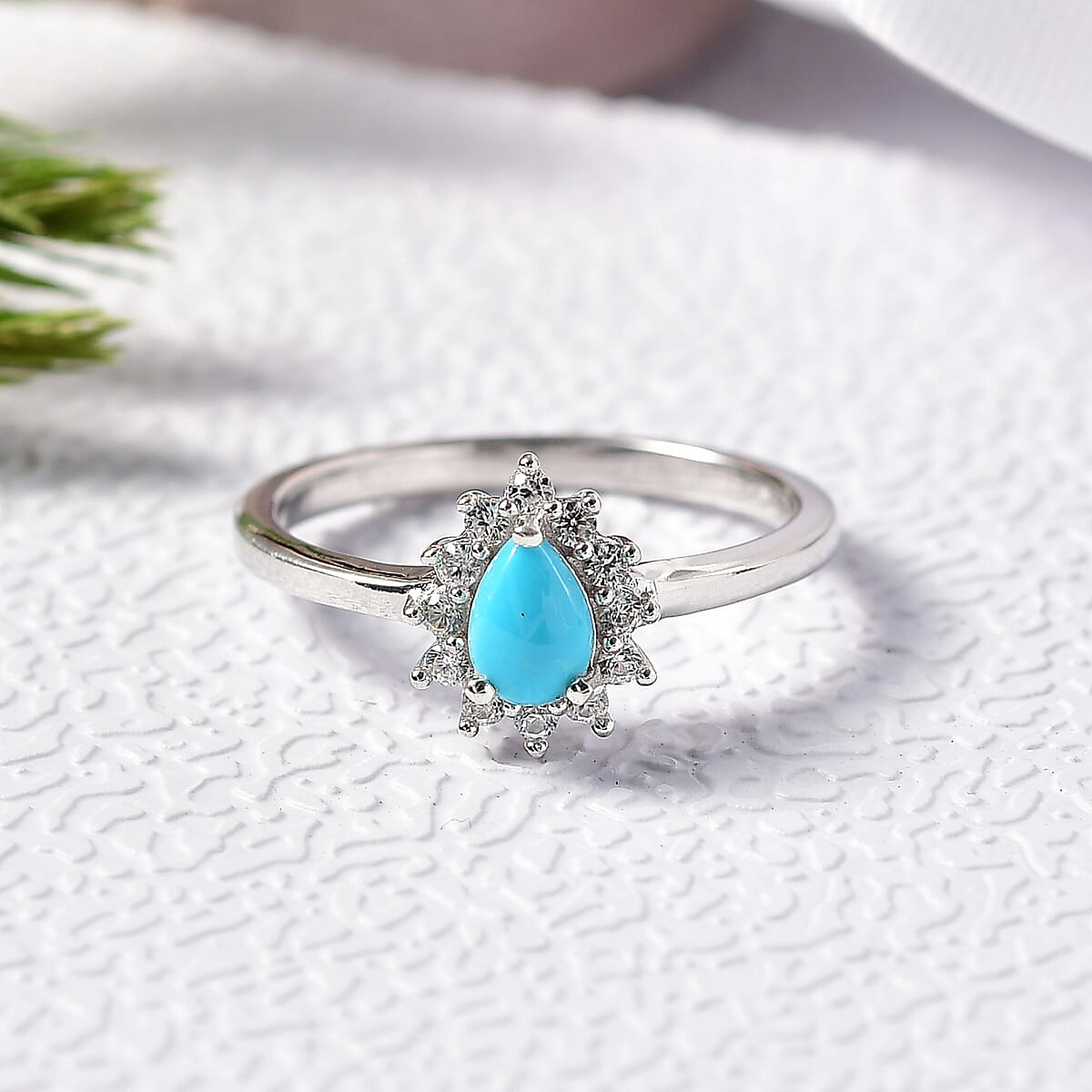 D'Joy Sleeping Beauty Turquoise and White Zircon 0.65 ctw Ring in Rhodium Over Sterling Silver (Size 5.0) image number 1