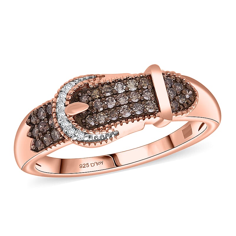  D'Joy Natural Champagne and White Diamond 0.25 ctw Buckle Ring in 18K Vermeil Rose Gold Over Sterling Silver (Size 10.0)