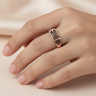  D'Joy Natural Champagne and White Diamond 0.25 ctw Buckle Ring in 18K Vermeil Rose Gold Over Sterling Silver (Size 10.0)