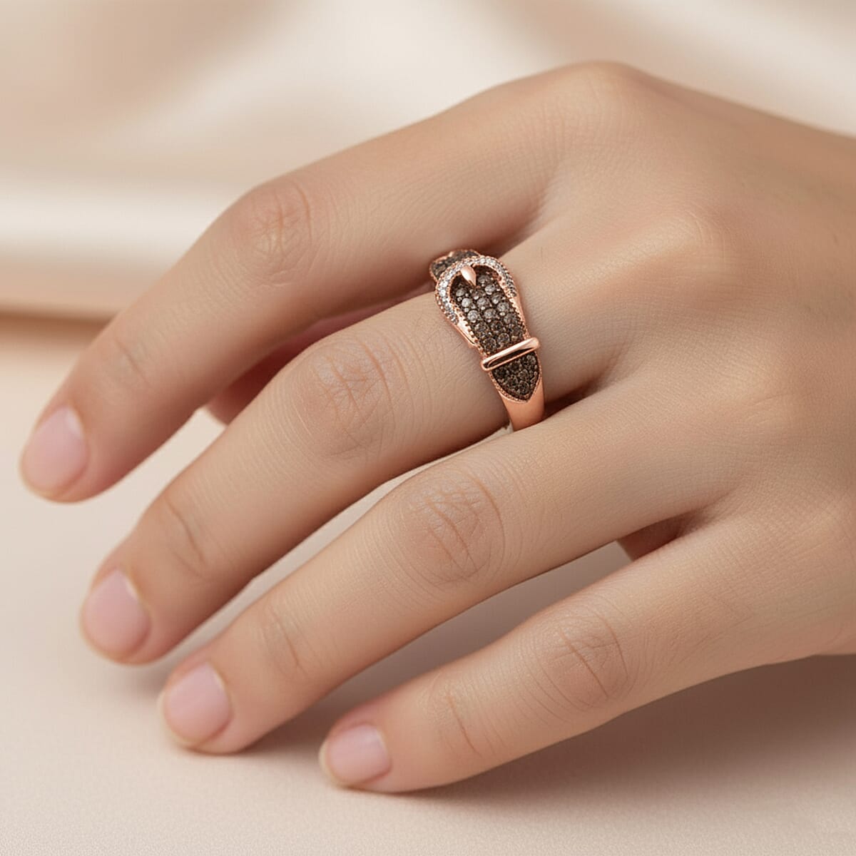 Doorbuster D'Joy Natural Champagne and White Diamond 0.25 ctw Buckle Ring in 18K Vermeil Rose Gold Over Sterling Silver (Size 5.0) image number 1