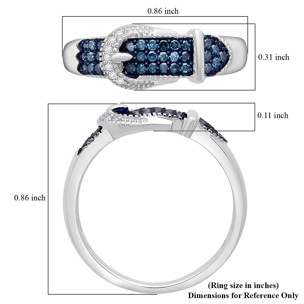 Doorbuster D'Joy Blue and White Diamond 0.25 ctw Buckle Ring in Rhodium Over Sterling Silver (Size 6.0) image number 4