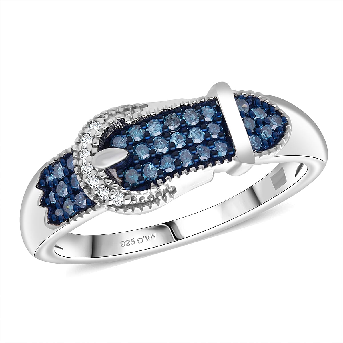  D'Joy Blue and White Diamond 0.25 ctw Buckle Ring in Rhodium Over Sterling Silver (Size 8.0) image number 0
