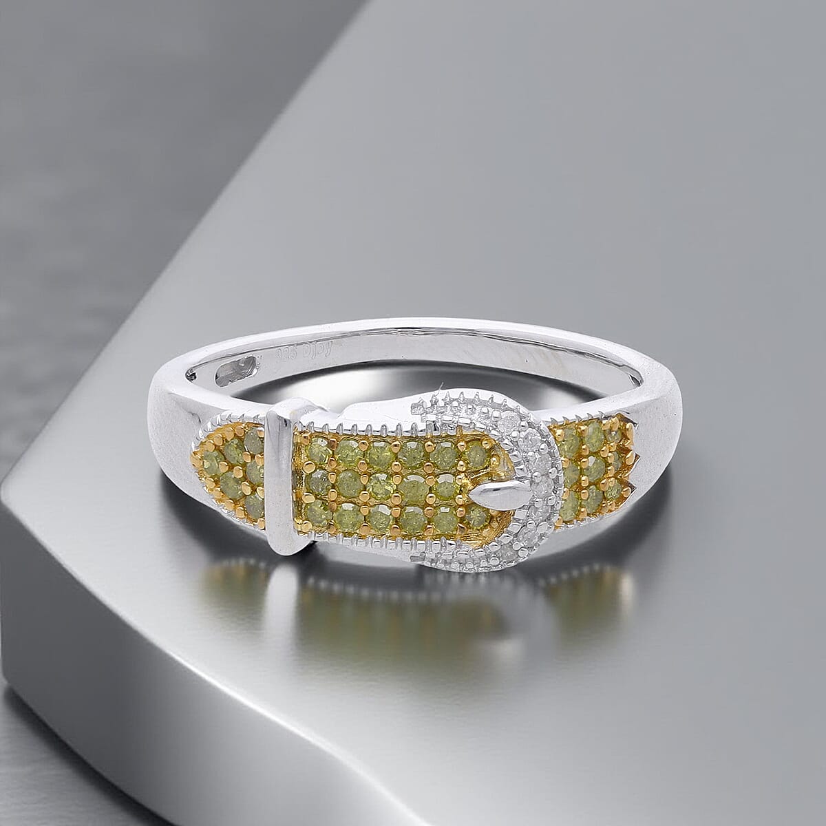 D'Joy Yellow Diamond, Diamond Buckle Ring in Rhodium Over Sterling Silver 0.25 ctw (Size 5.0) image number 1