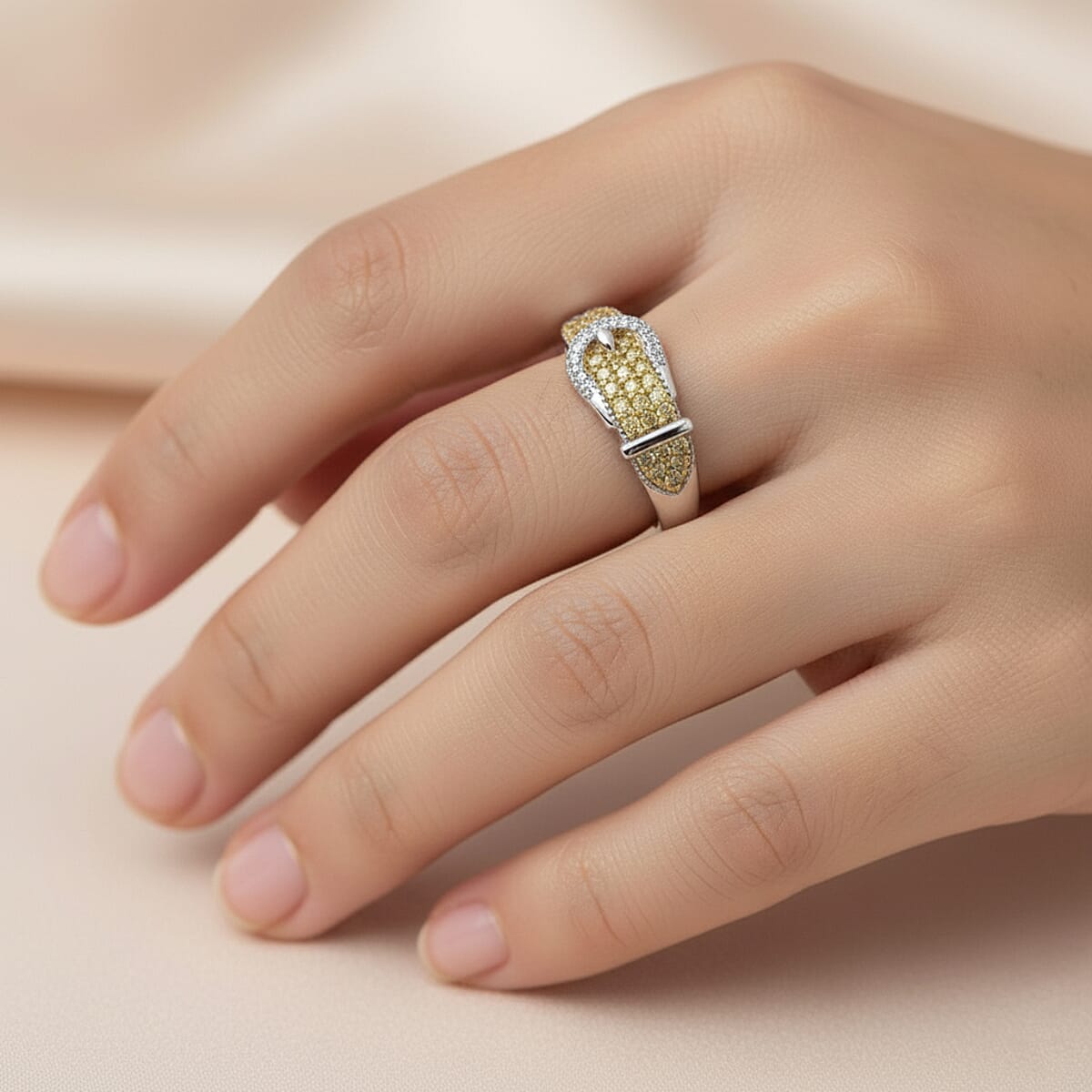 D'Joy Yellow Diamond, Diamond Buckle Ring in Rhodium Over Sterling Silver 0.25 ctw (Size 5.0) image number 2