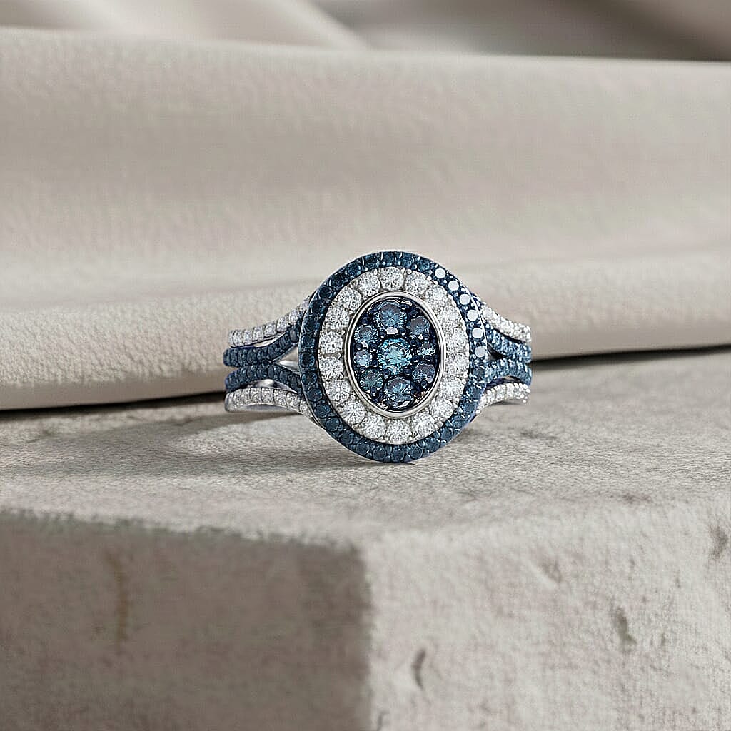 D'Joy Blue and White Diamond 1.00 ctw Desert Sunrise Ring in Rhodium Over Sterling Silver (Size 10.0)