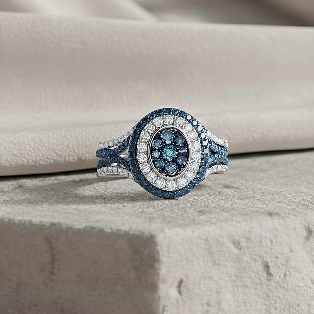  D'Joy Blue and White Diamond 1.00 ctw Desert Sunrise Ring in Rhodium Over Sterling Silver (Size 10.0) image number 1