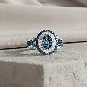  D'Joy Blue and White Diamond 1.00 ctw Desert Sunrise Ring in Rhodium Over Sterling Silver (Size 10.0)