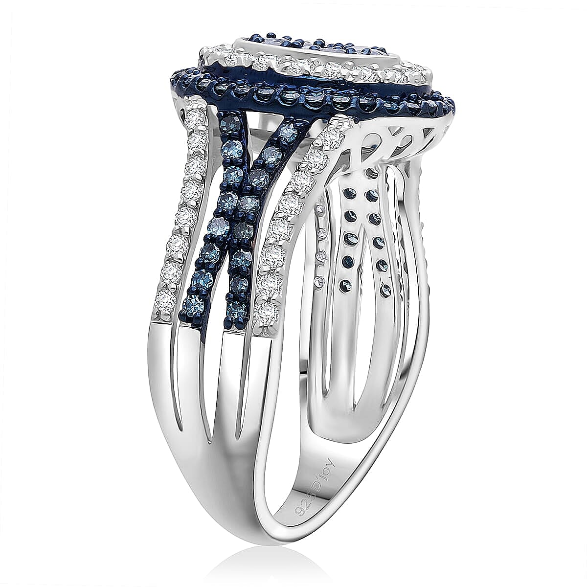  D'Joy Blue and White Diamond 1.00 ctw Desert Sunrise Ring in Rhodium Over Sterling Silver (Size 10.0) image number 3