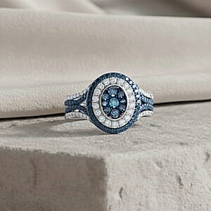  D'Joy Blue and White Diamond 1.00 ctw Desert Sunrise Ring in Rhodium Over Sterling Silver (Size 7.0)