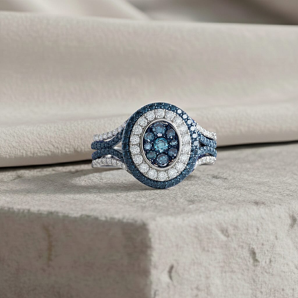 D'Joy Blue and White Diamond 1.00 ctw Desert Sunrise Ring in Rhodium Over Sterling Silver (Size 8.0)