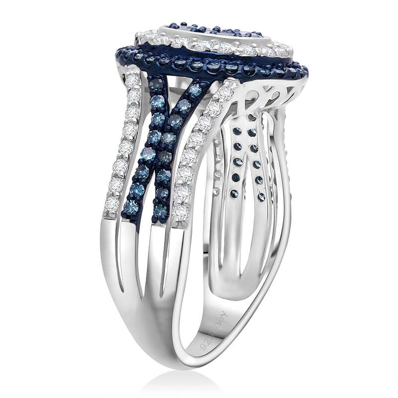 D'Joy Blue and White Diamond 1.00 ctw Desert Sunrise Ring in Rhodium Over Sterling Silver (Size 8.0)