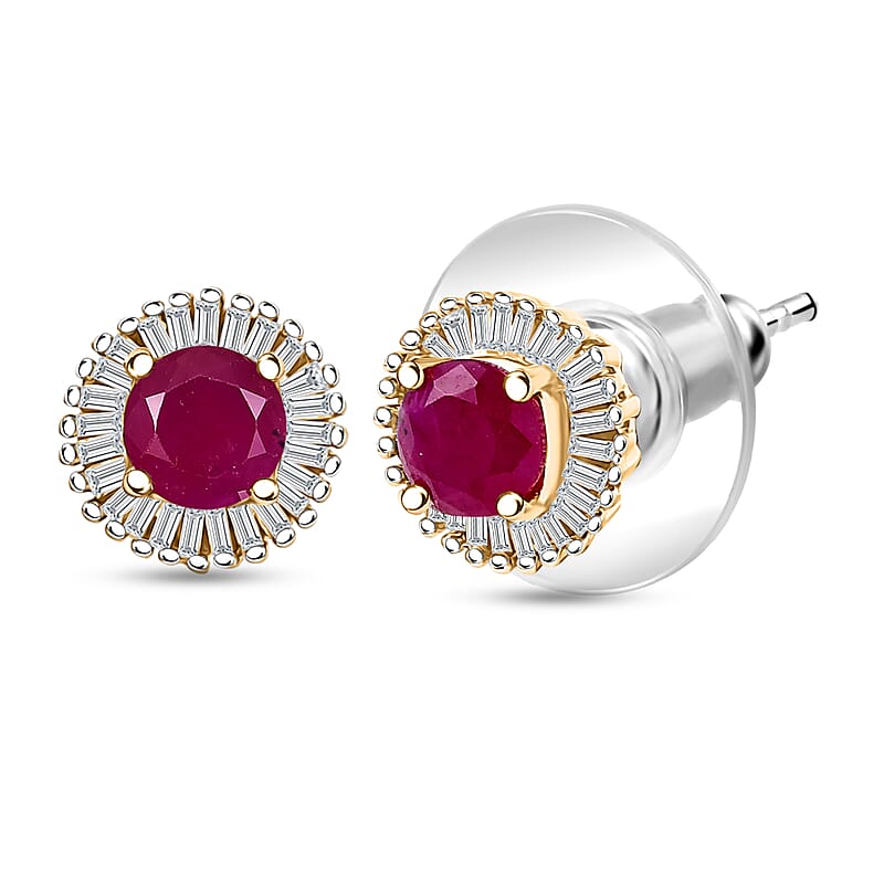 D'Joy AAA Royal Ruby and Diamond 1.75 ctw Stud Earrings in 18K Vermeil Yellow Gold Over Sterling Silver 