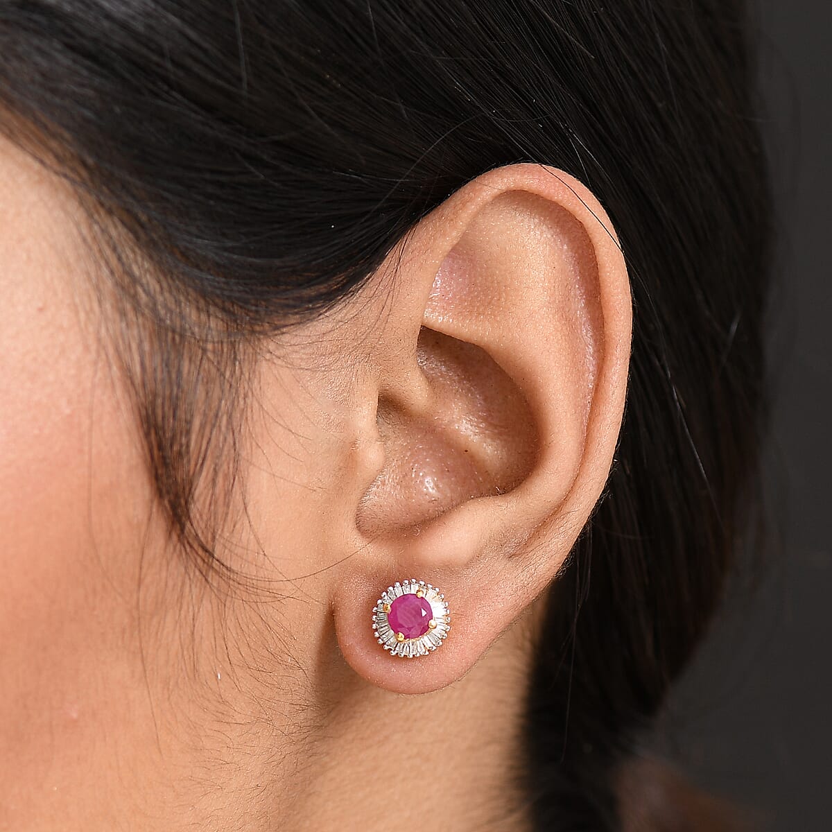 D'Joy AAA Royal Ruby and Diamond 1.75 ctw Stud Earrings in 18K Vermeil Yellow Gold Over Sterling Silver  image number 1