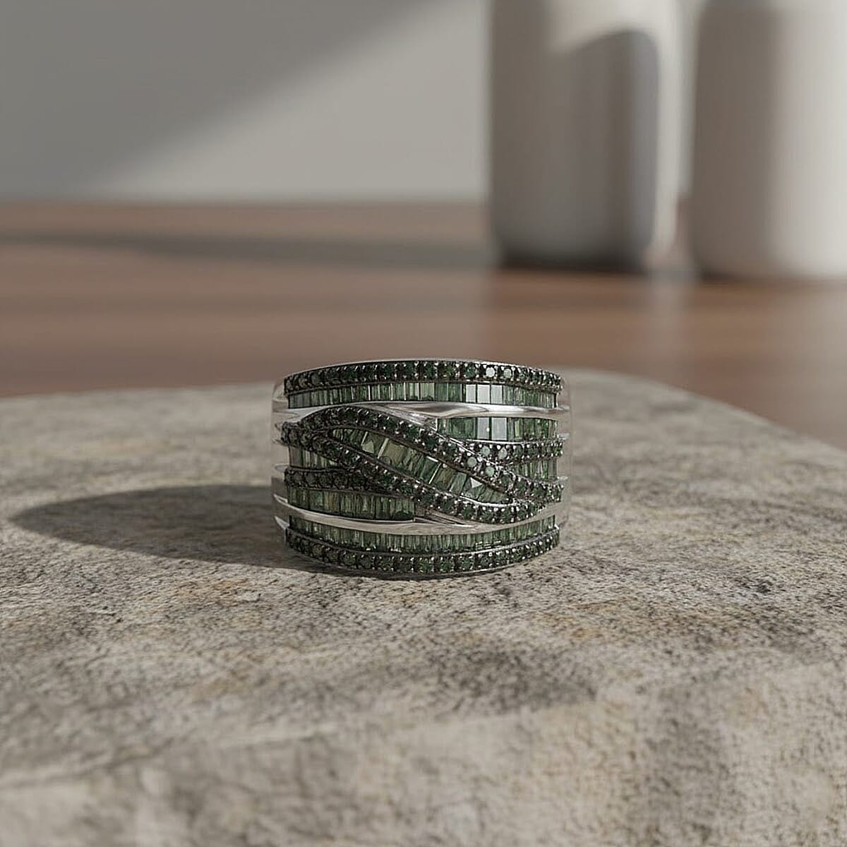  D'Joy Green Diamond (IR) Bridge Over Ring in Rhodium Over Sterling Silver (Size 10.0) 0.97 ctw image number 1