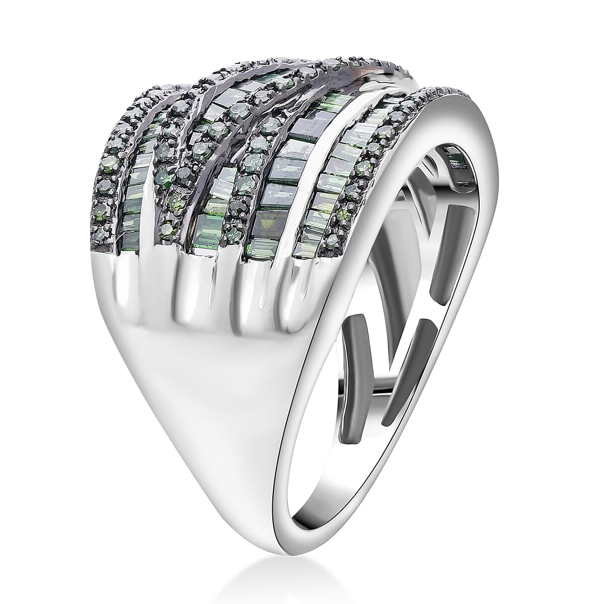 Doorbuster D'Joy Green Diamond 1.00 ctw Infinity Bridge Crossover Ring in Rhodium Over Sterling Silver (Size 8.0) image number 3