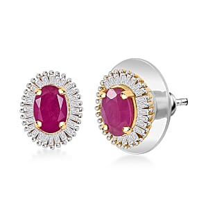 D'Joy AAA Royal Ruby and Diamond 1.50 ctw Stud Earrings in 18K Vermeil Yellow Gold Over Sterling Silver 